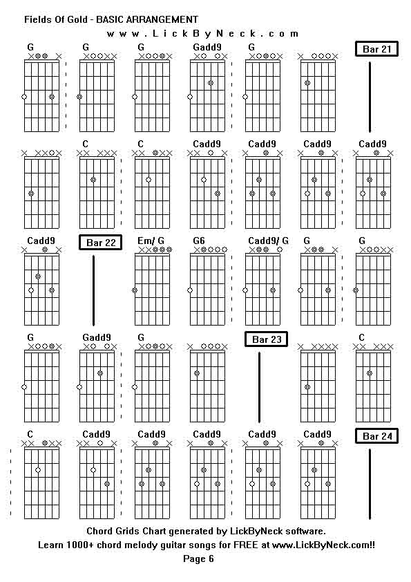 Chord Grids Chart of chord melody fingerstyle guitar song-Fields Of Gold - BASIC ARRANGEMENT,generated by LickByNeck software.